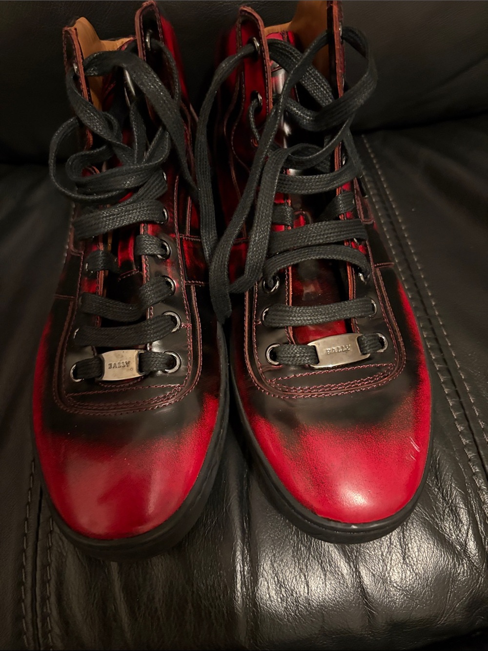 Bally Red and Black Ombre Leather Lace-Up Boots